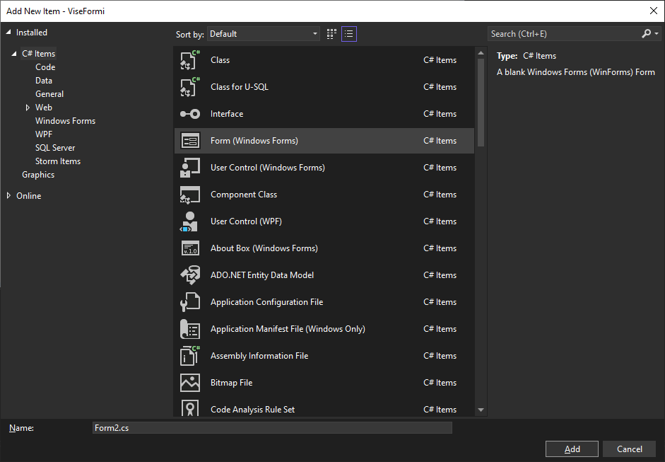 Додавање нове форме у пројекат